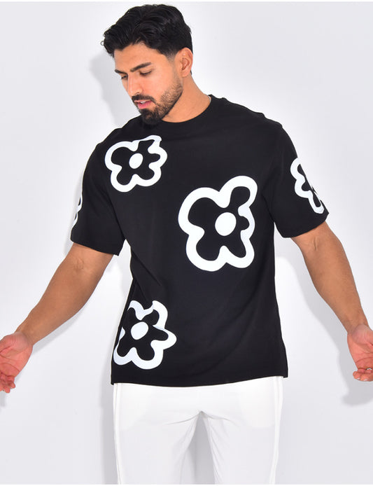 T-SHIRT IMPRIMÉ FLEURS NOIR